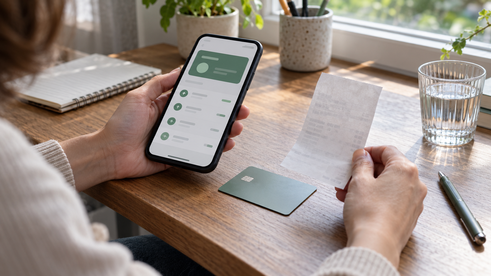 Покупатель проверяет статус возврата на смартфоне; рядом лежат банковская карта без логотипа и чек без читаемых данных.