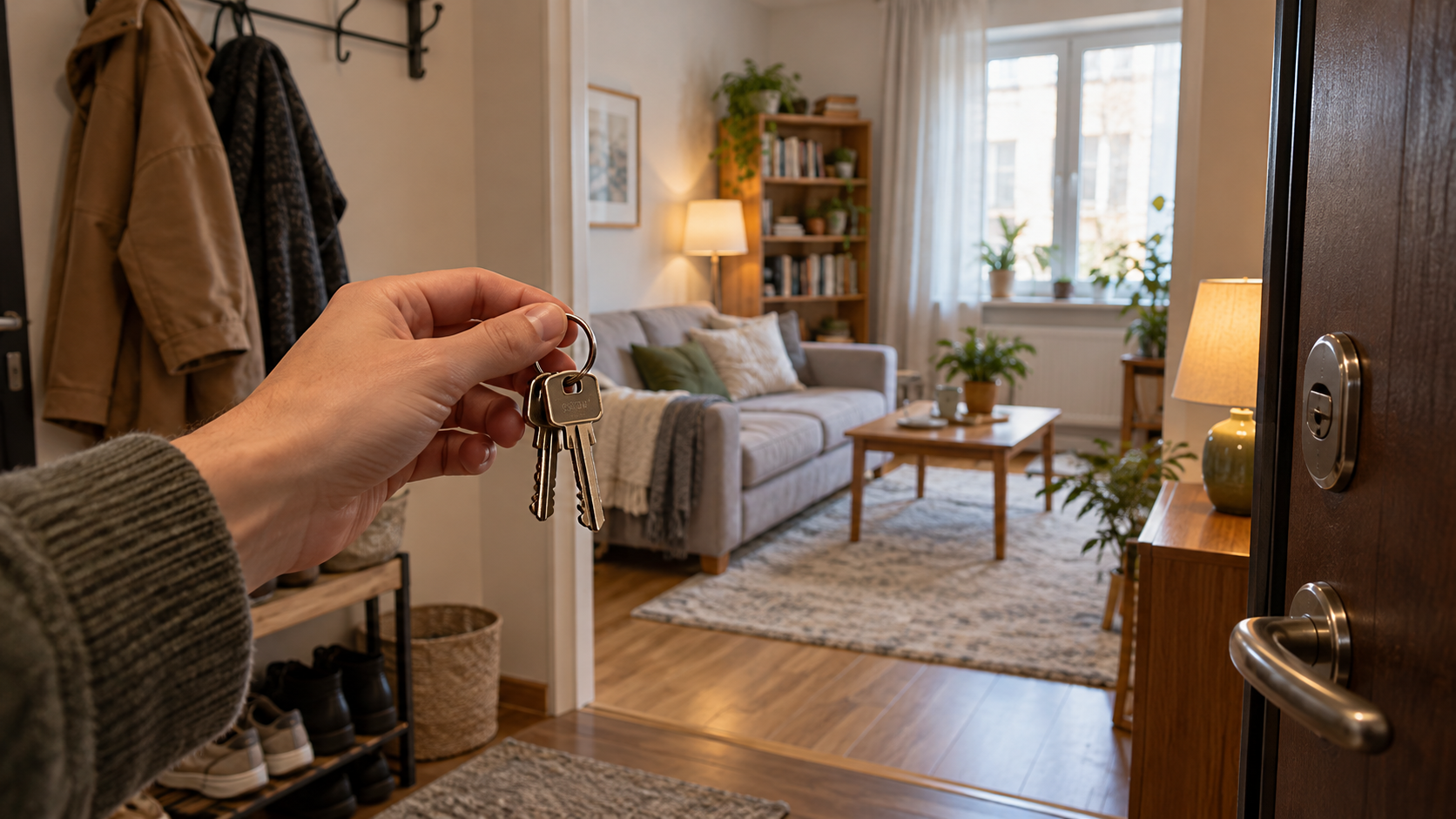 Человек держит ключи от квартиры на фоне обычной гостиной