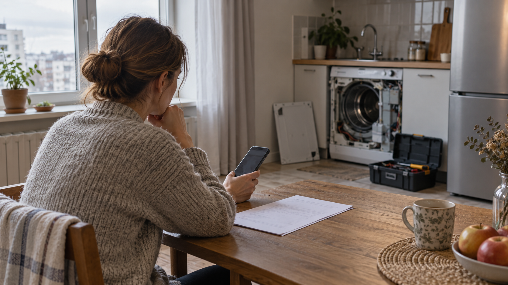 Заказчица проверяет телефон рядом с незавершенным ремонтом стиральной машины и заказ-нарядом