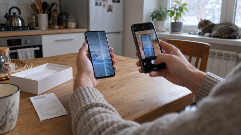 Покупатель фотографирует смартфон с неисправным экраном на кухонном столе.