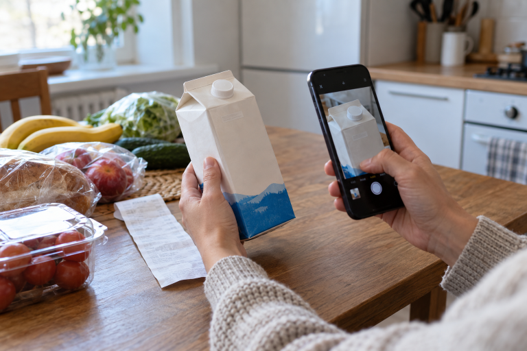 Покупатель фотографирует упаковку продукта на кухонном столе; рядом лежат чек и покупки.